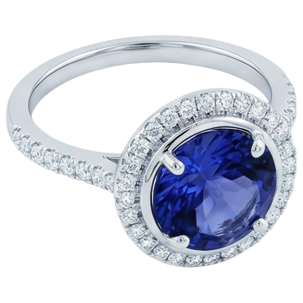 natural round tanzanite 4.25ct ring close up detail