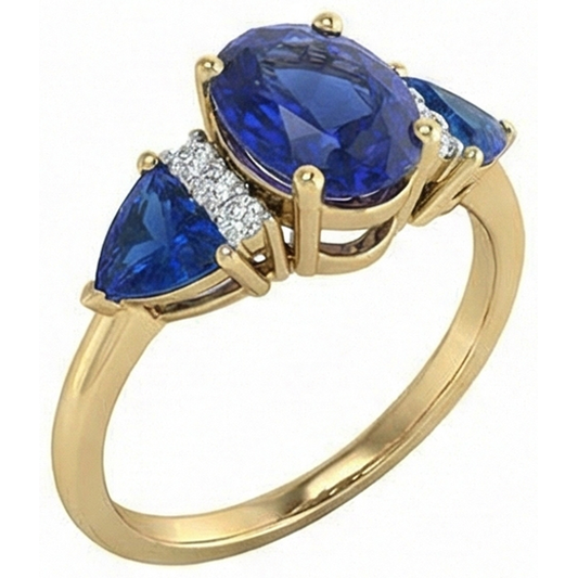4.25 Ct. Oval Trillion Ceylon Sapphire And Natural Earth Mined Diamond ( Not Lab Grown ) s Ring 3 Stone