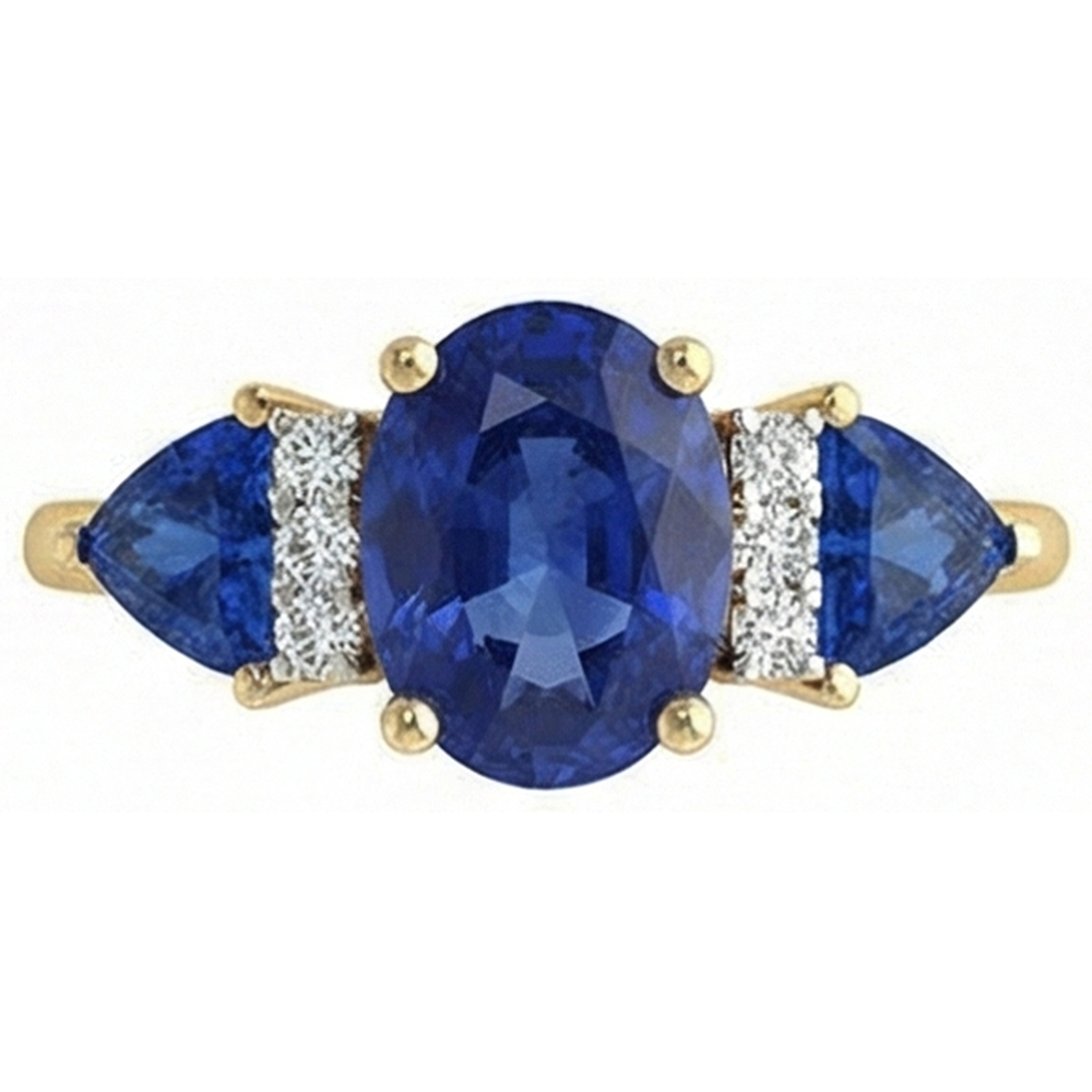 4.25 Ct. Oval Trillion Ceylon Sapphire And Natural Earth Mined Diamond ( Not Lab Grown ) s Ring 3 Stone