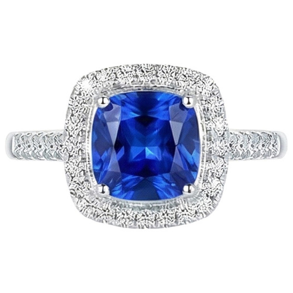 4.30 Ct Ring Cushion Ceylon Blue Sapphire And Round Natural Earth Mined Diamond ( Not Lab Grown ) s