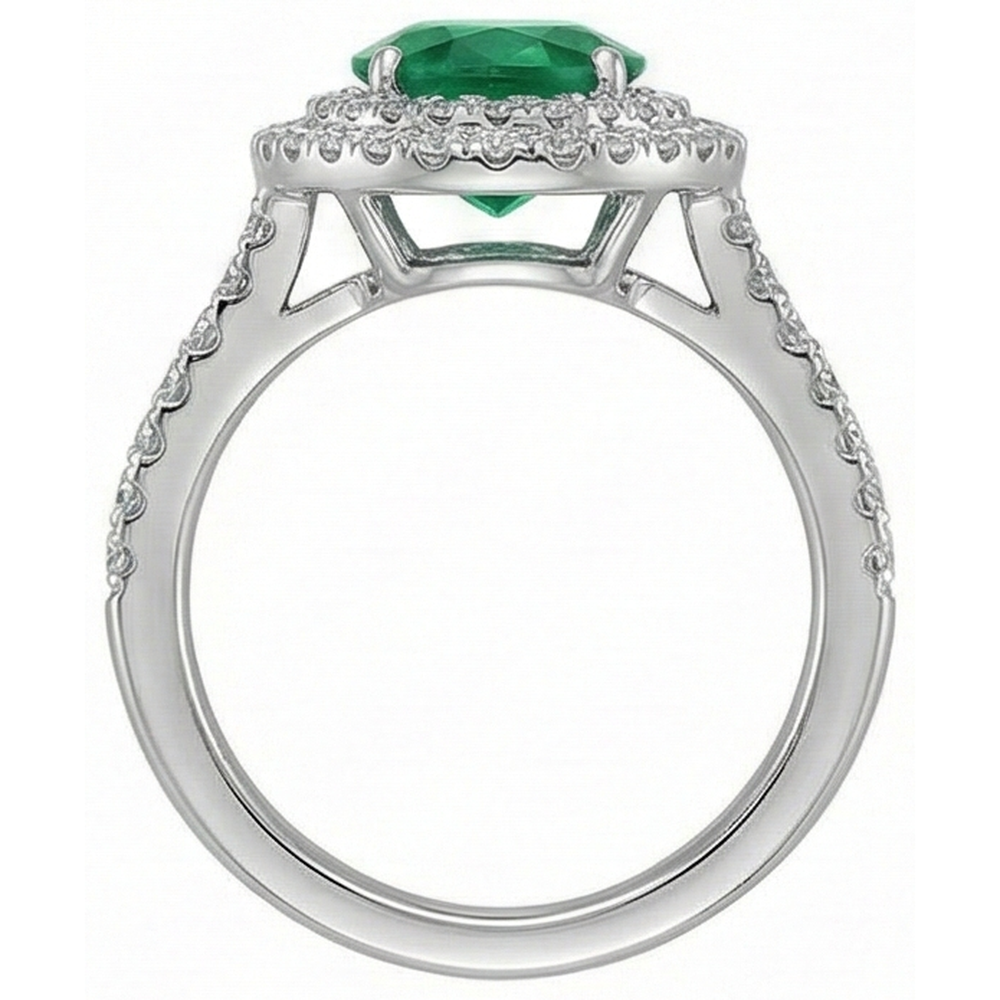 4.35 Carats Green Emerald With Natural Earth Mined Diamond ( Not Lab Grown ) s Ring Double Halo 14K White Gold