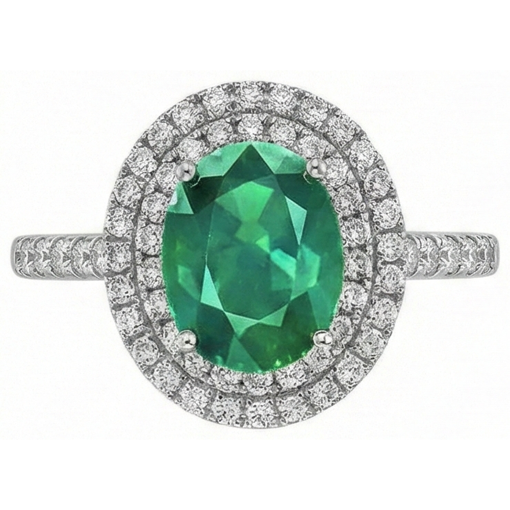 4.35 Carats Green Emerald With Natural Earth Mined Diamond ( Not Lab Grown ) s Ring Double Halo 14K White Gold