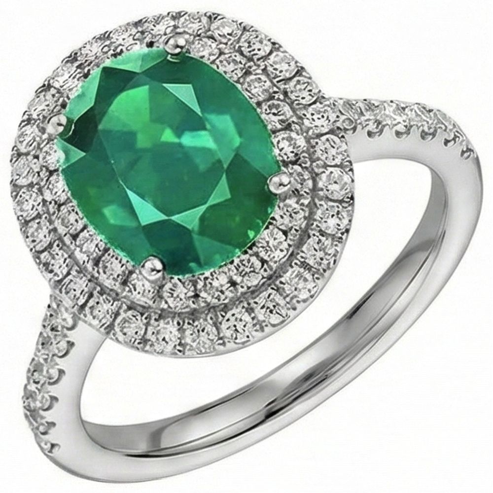 4.35 Carats Green Emerald With Natural Earth Mined Diamond ( Not Lab Grown ) s Ring Double Halo 14K White Gold