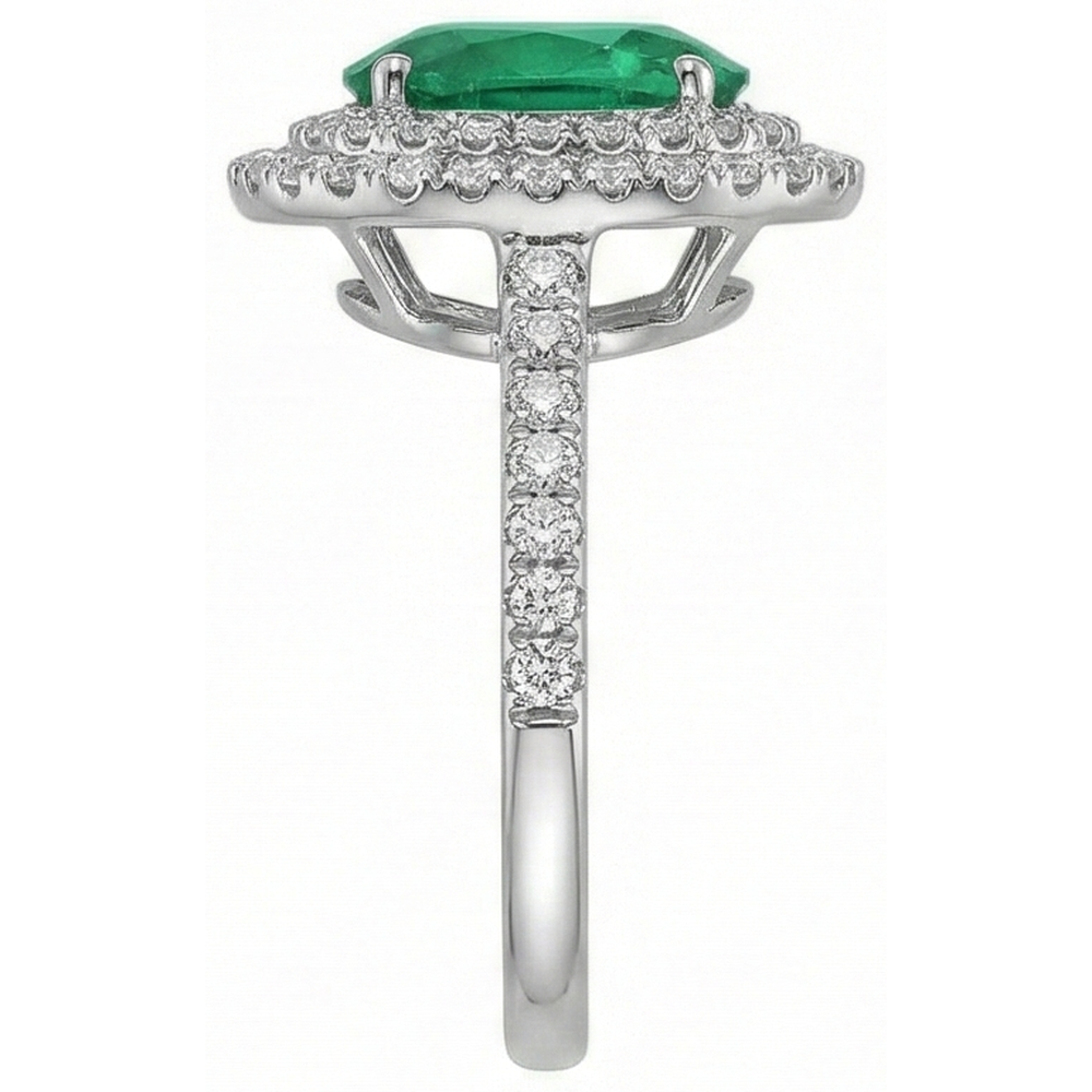 4.35 Carats Green Emerald With Natural Earth Mined Diamond ( Not Lab Grown ) s Ring Double Halo 14K White Gold
