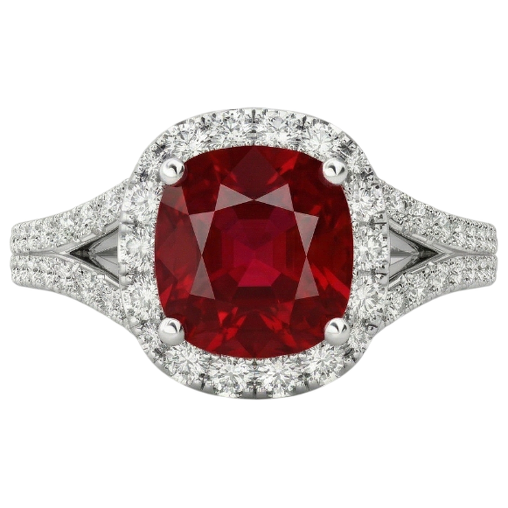 4.35 Ct Halo Ruby And Natural Earth Mined Diamond ( Not Lab Grown ) s Ring Split Shank White Gold 14K