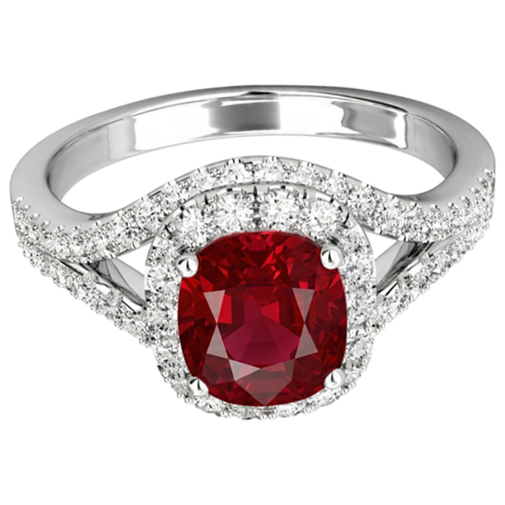 4.35 Ct Halo Ruby And Natural Earth Mined Diamond ( Not Lab Grown ) s Ring Split Shank White Gold 14K