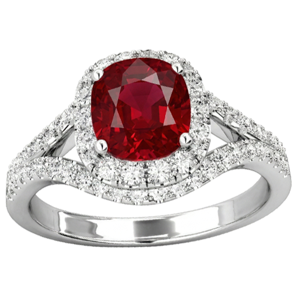 4.35 Ct Halo Ruby And Natural Earth Mined Diamond ( Not Lab Grown ) s Ring Split Shank White Gold 14K