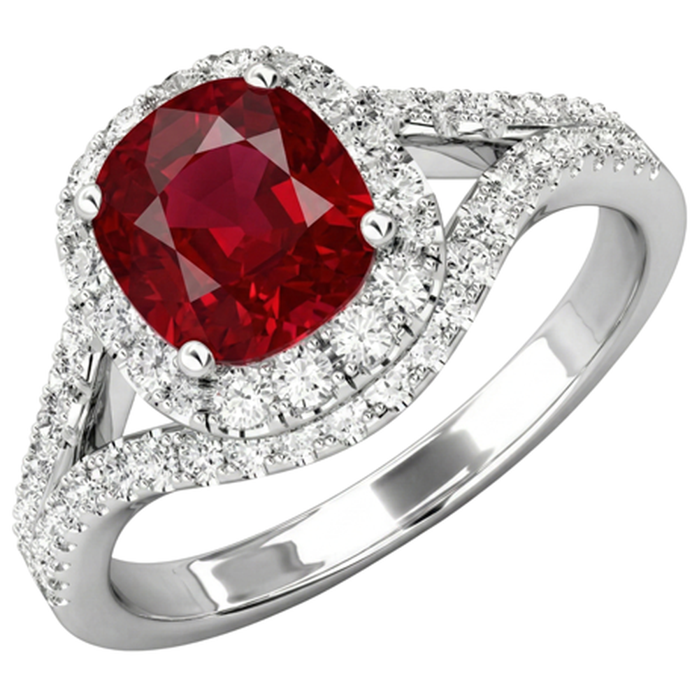 4.35 Ct Halo Ruby And Natural Earth Mined Diamond ( Not Lab Grown ) s Ring Split Shank White Gold 14K