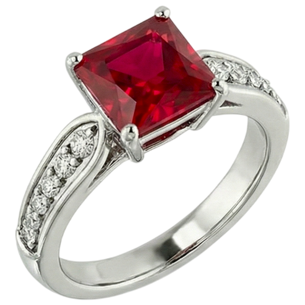 4.40 Carats Princess Red Ruby And Sparkling Natural Earth Mined Diamond ( Not Lab Grown )  Ring Gold 14K