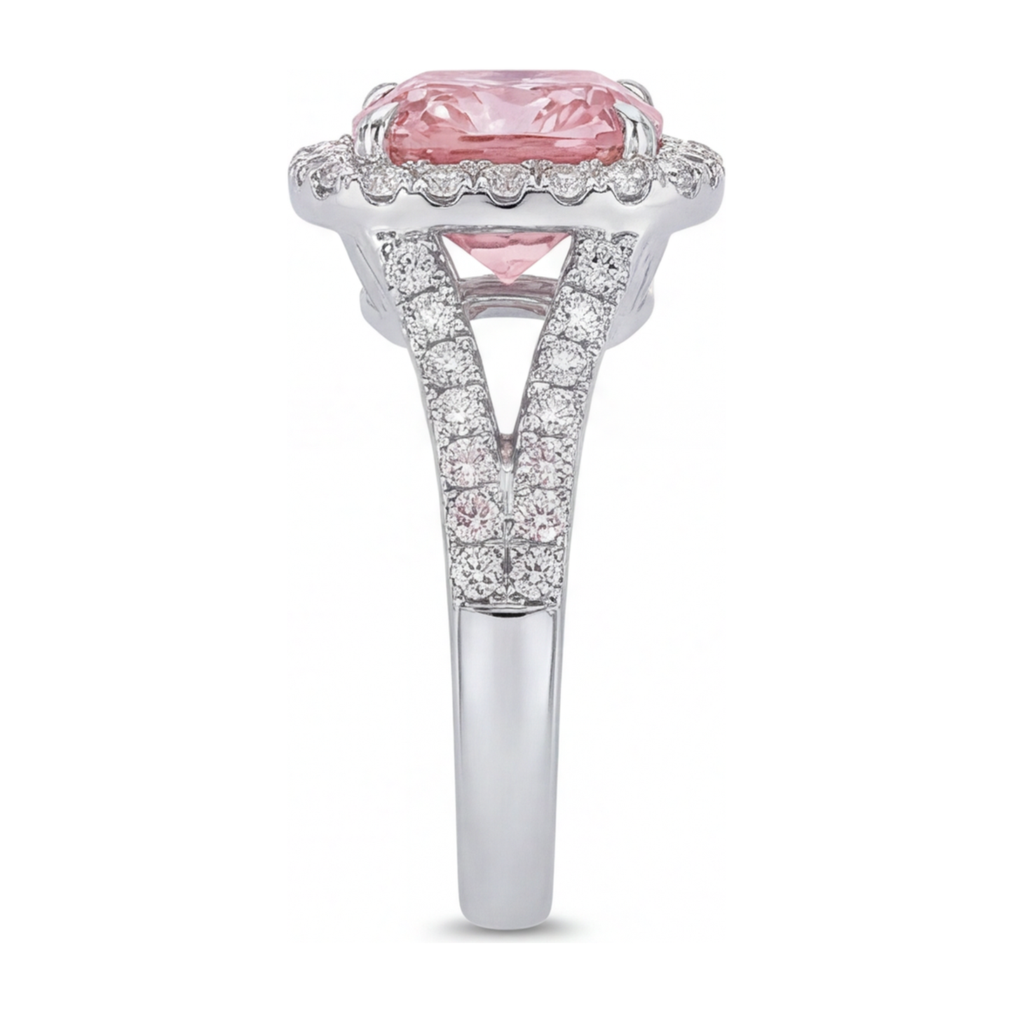 Lab Grown Pink Diamond Ring 4.5 Carat Cushion Halo 14K White Gold