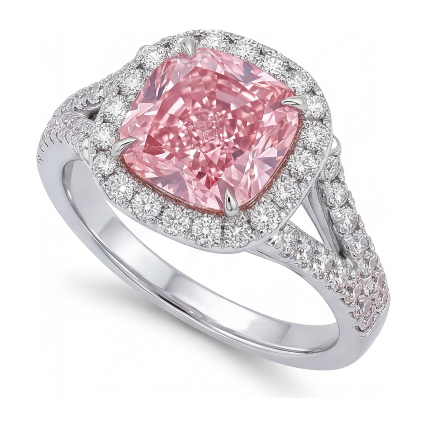 Lab Grown Pink Diamond Ring 4.5 Carat Cushion Halo 14K White Gold