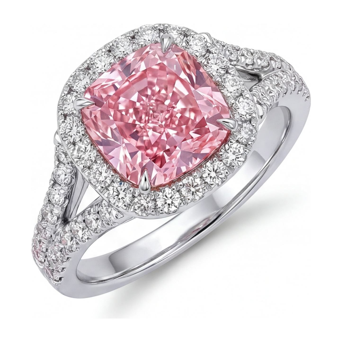 Lab Grown Pink Diamond Ring 4.5 Carat Cushion Halo 14K White Gold