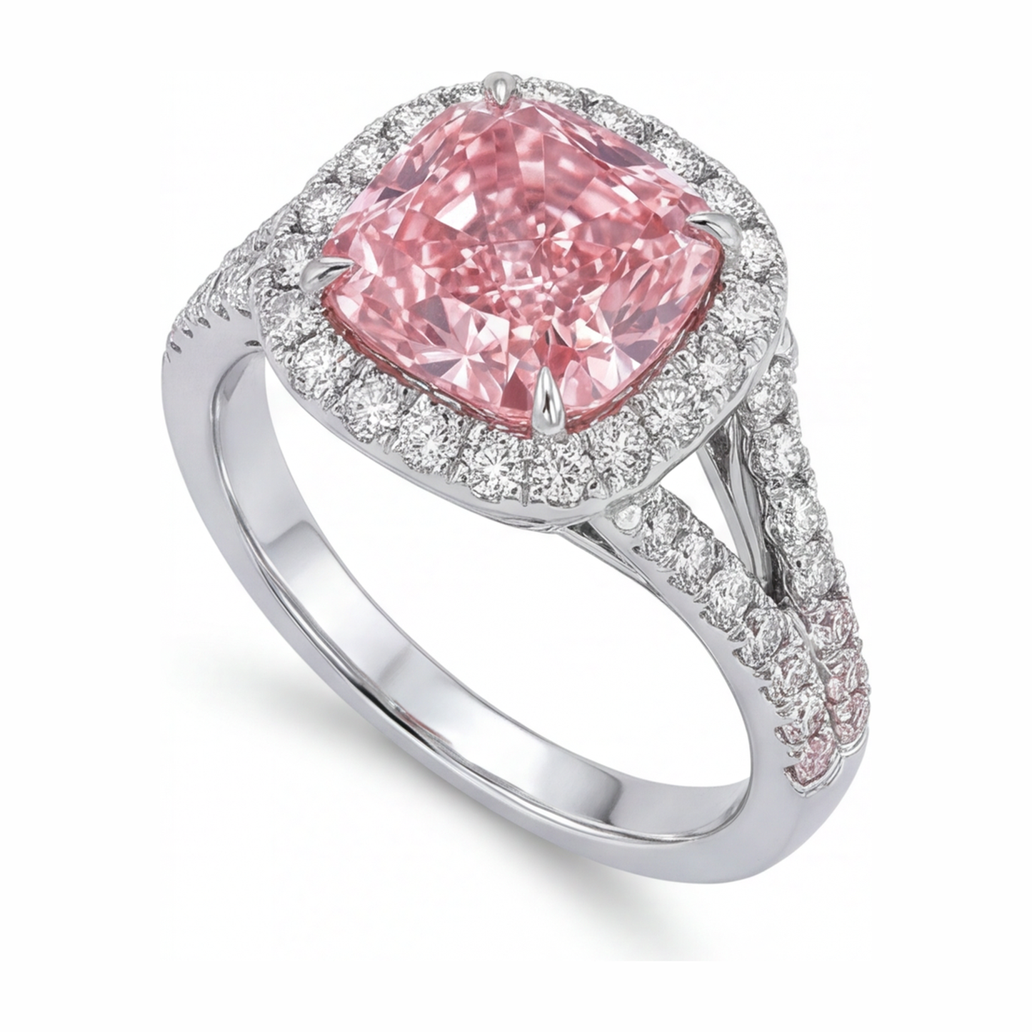 Lab Grown Pink Diamond Ring 4.5 Carat Cushion Halo 14K White Gold