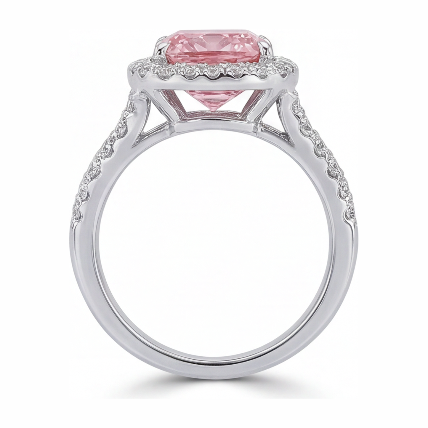 Lab Grown Pink Diamond Ring 4.5 Carat Cushion Halo 14K White Gold