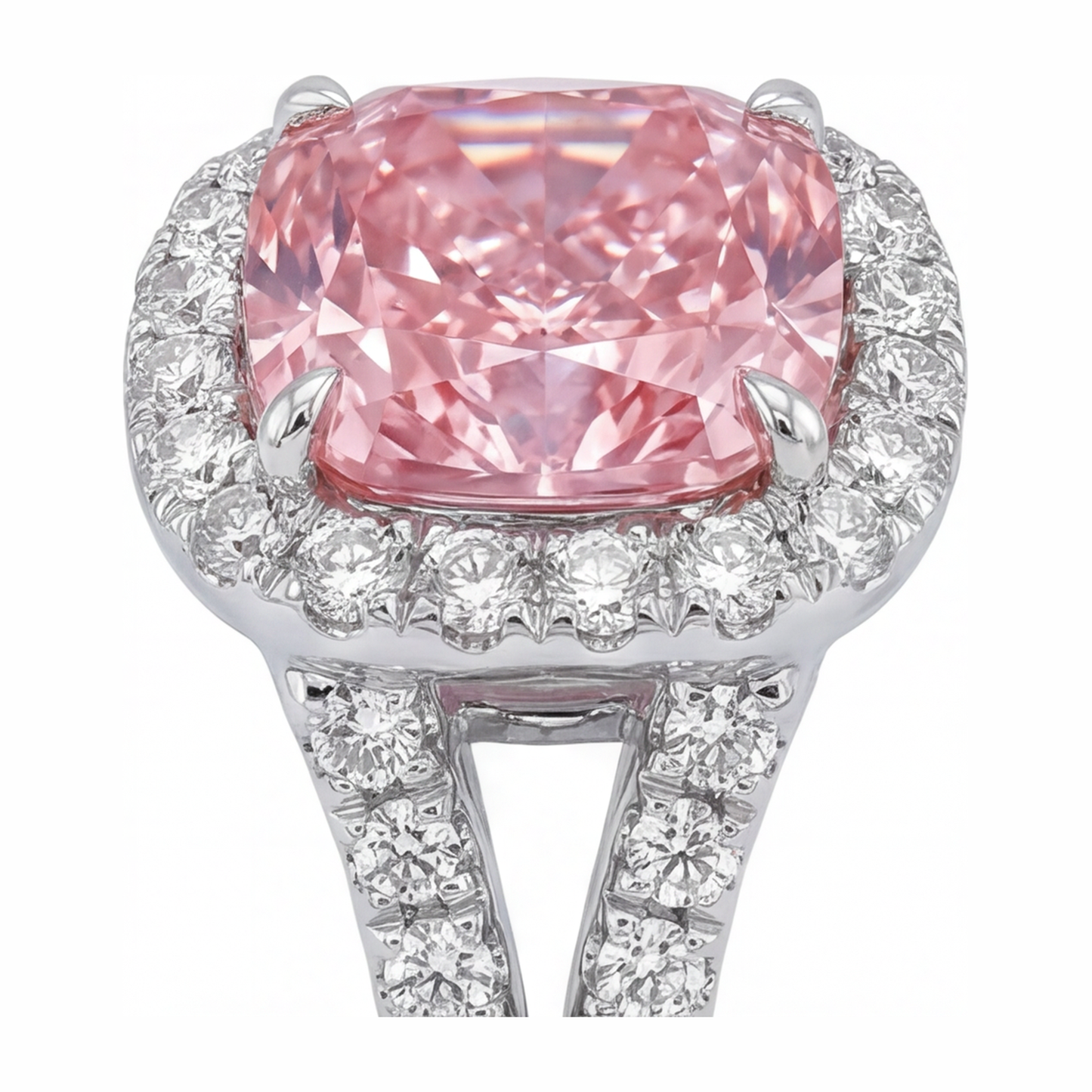 Lab Grown Pink Diamond Ring 4.5 Carat Cushion Halo 14K White Gold