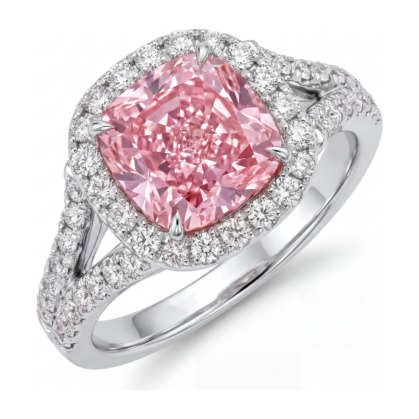 Lab Grown Pink Diamond Ring 4.5 Carat Cushion Halo 14K White Gold