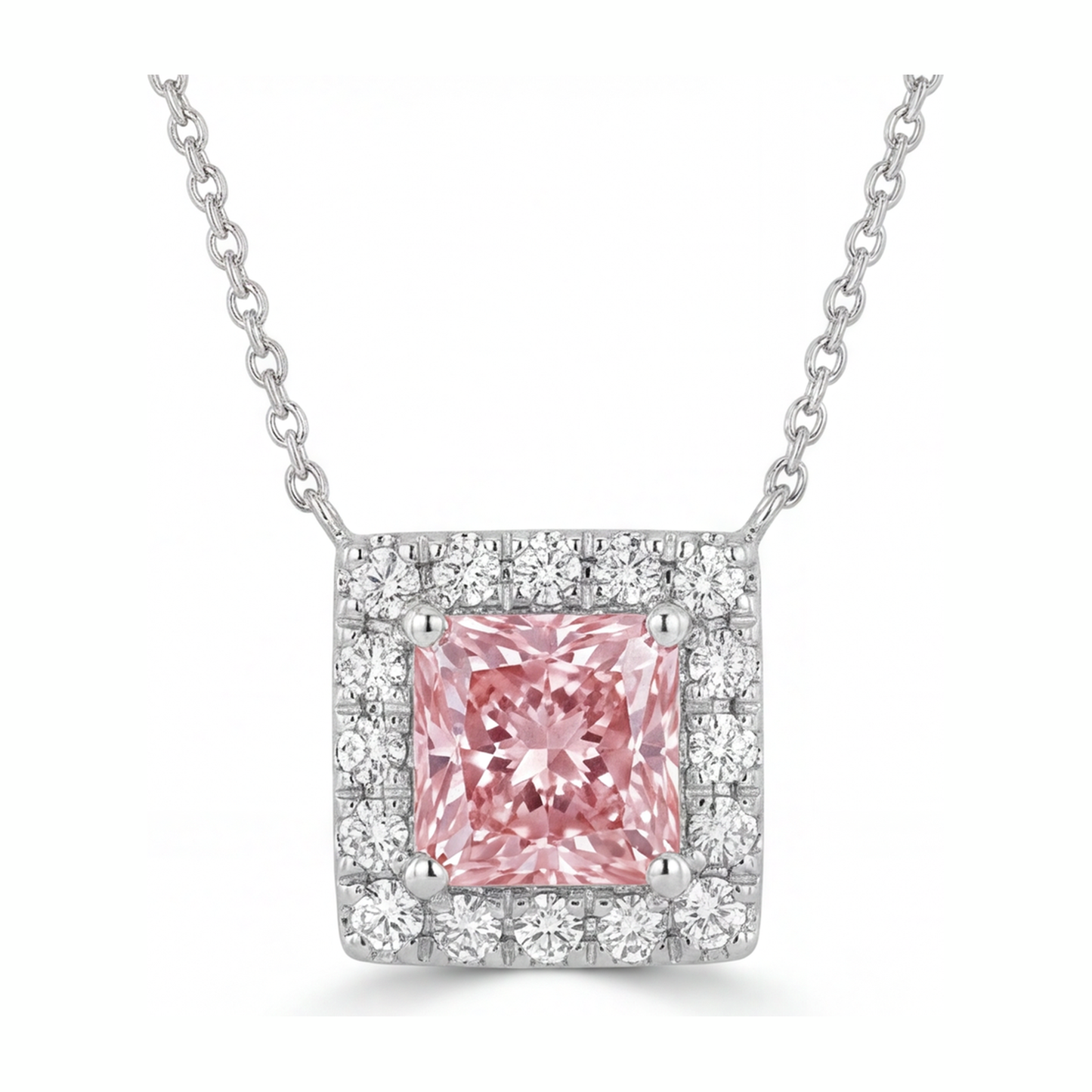 Pink Diamond Necklace 4.5 Carat Lab Grown Radiant Halo Pave Pendant 14K White Gold