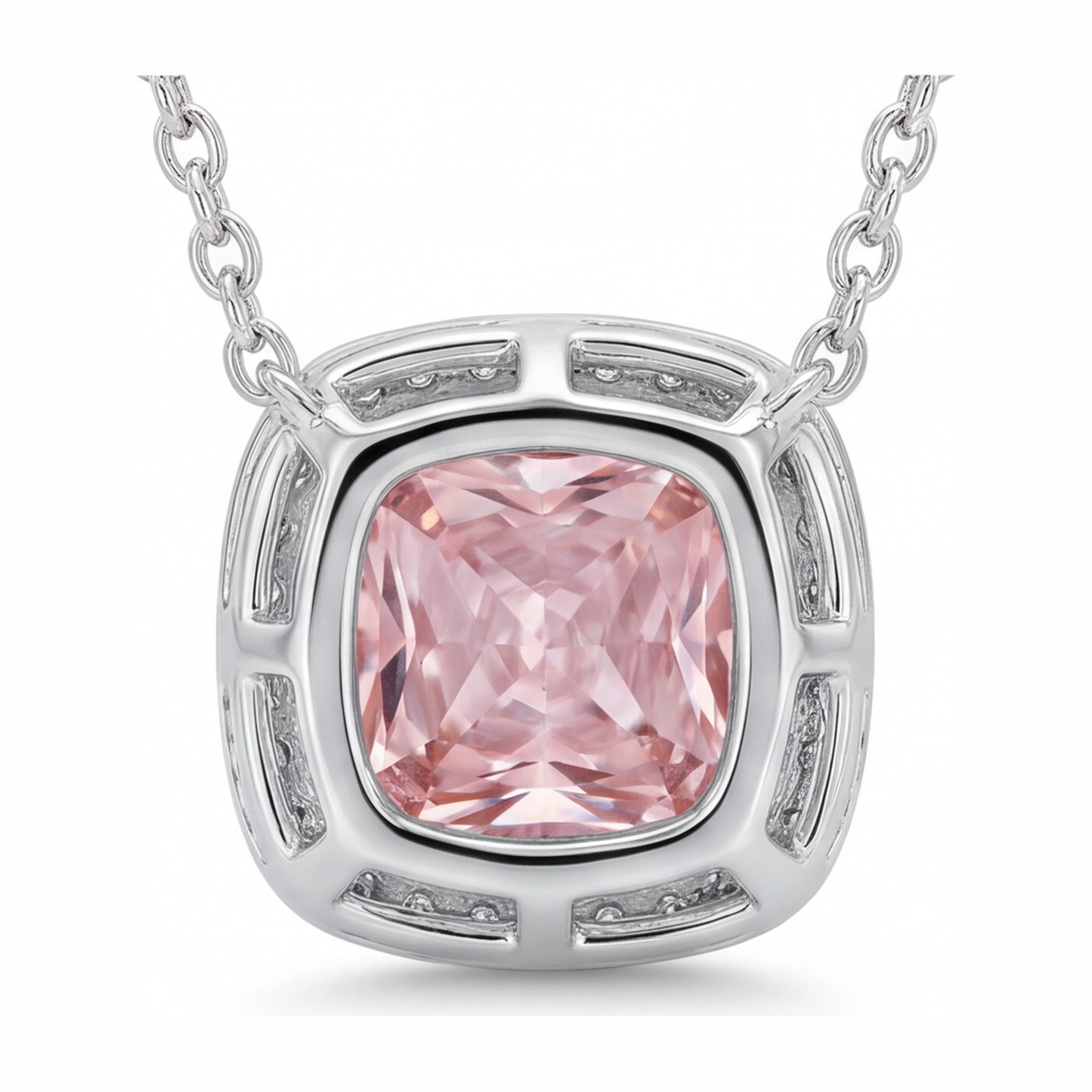 Pink Diamond Necklace 4.5 Carat Lab Grown Radiant Halo Pave Cathedral Pendant 14K White Gold