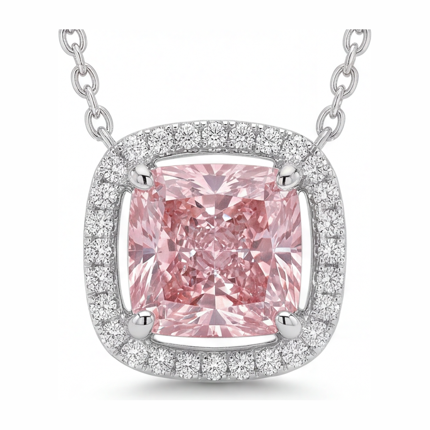 Pink Diamond Necklace 4.5 Carat Lab Grown Radiant Halo Pave Cathedral Pendant 14K White Gold