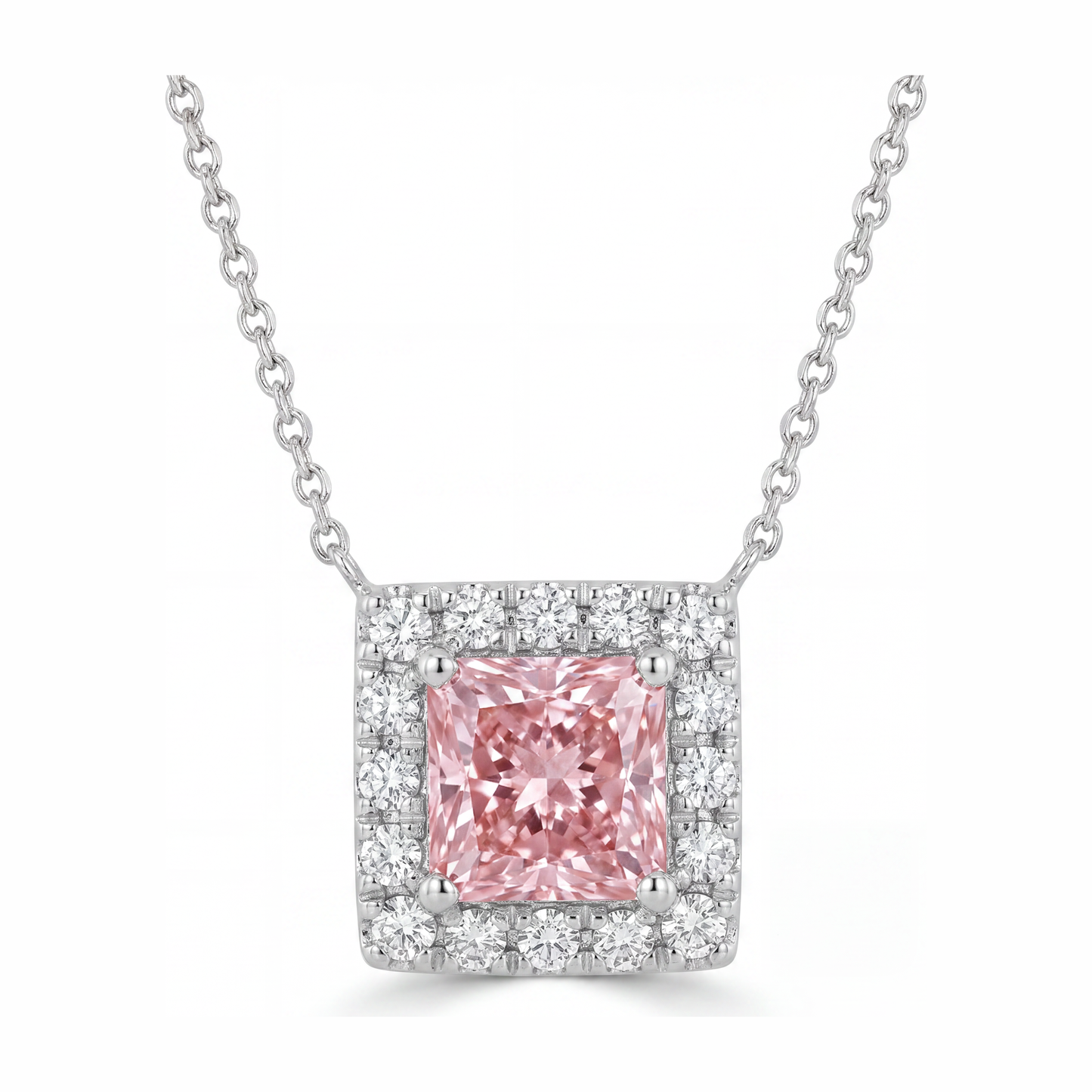Pink Diamond Necklace 4.5 Carat Lab Grown Radiant Halo Pave Pendant 14K White Gold