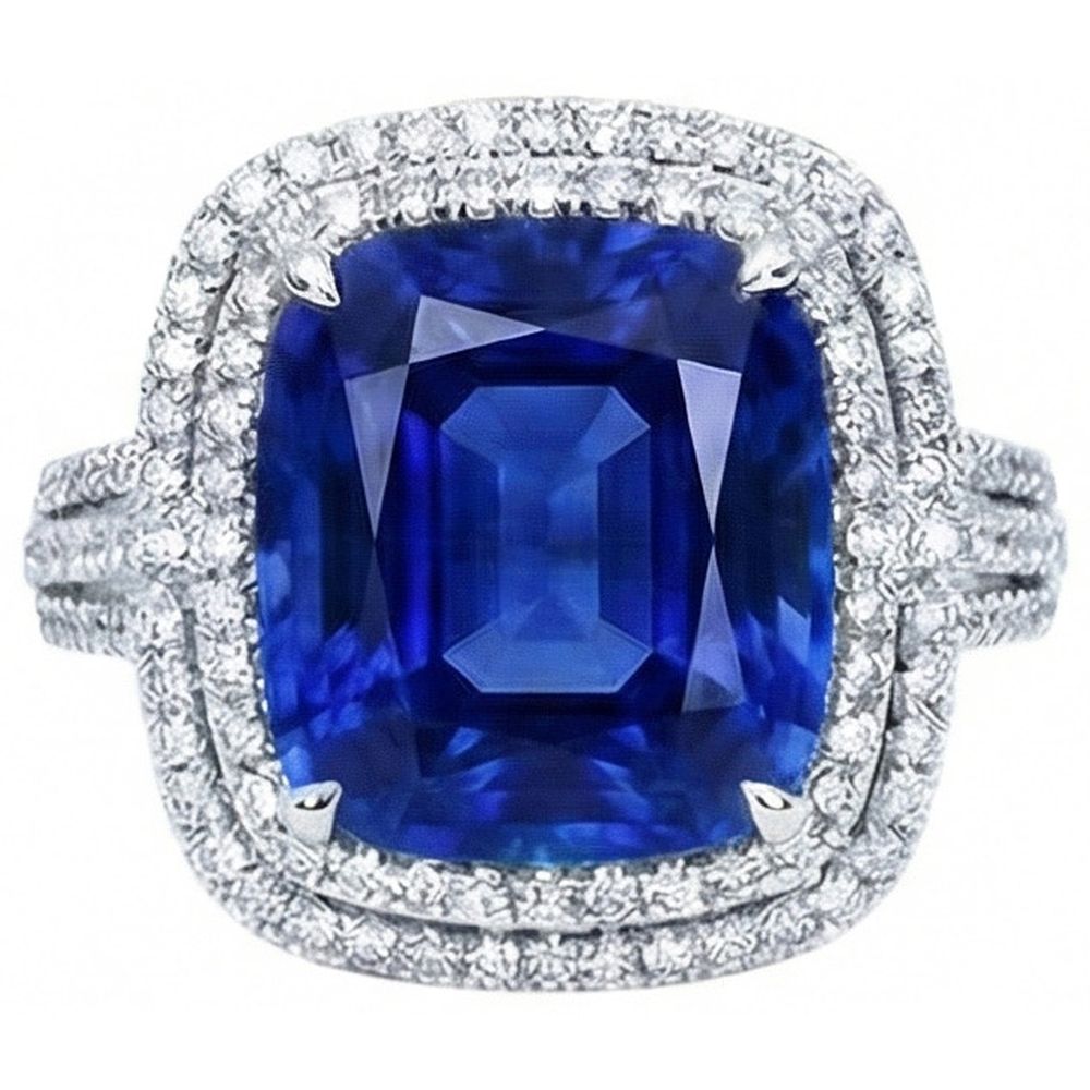 4.50 Ct Cushion Ceylon Blue Sapphire And Round Natural Earth Mined Diamond ( Not Lab Grown )  Engagement Ring