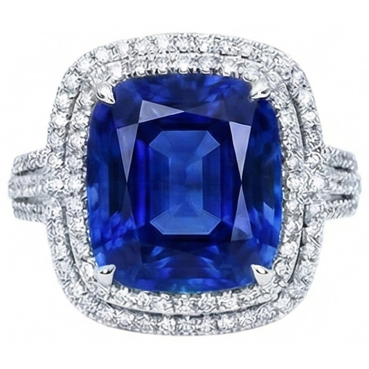 4.50 Ct Cushion Ceylon Blue Sapphire And Round Natural Earth Mined Diamond ( Not Lab Grown )  Engagement Ring