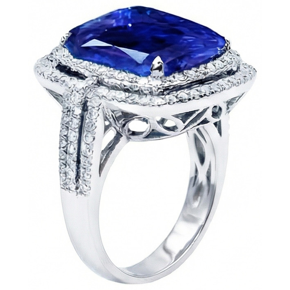 4.50 Ct Cushion Ceylon Blue Sapphire And Round Natural Earth Mined Diamond ( Not Lab Grown )  Engagement Ring