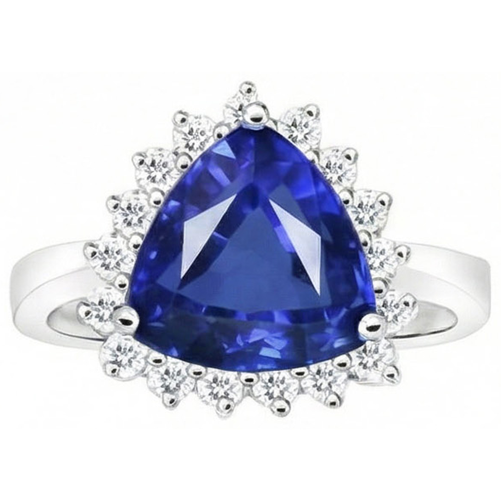 4.60 Carats Trillion Ceylon Sapphire Round Natural Earth Mined Diamond ( Not Lab Grown ) s Ring White Gold 14K