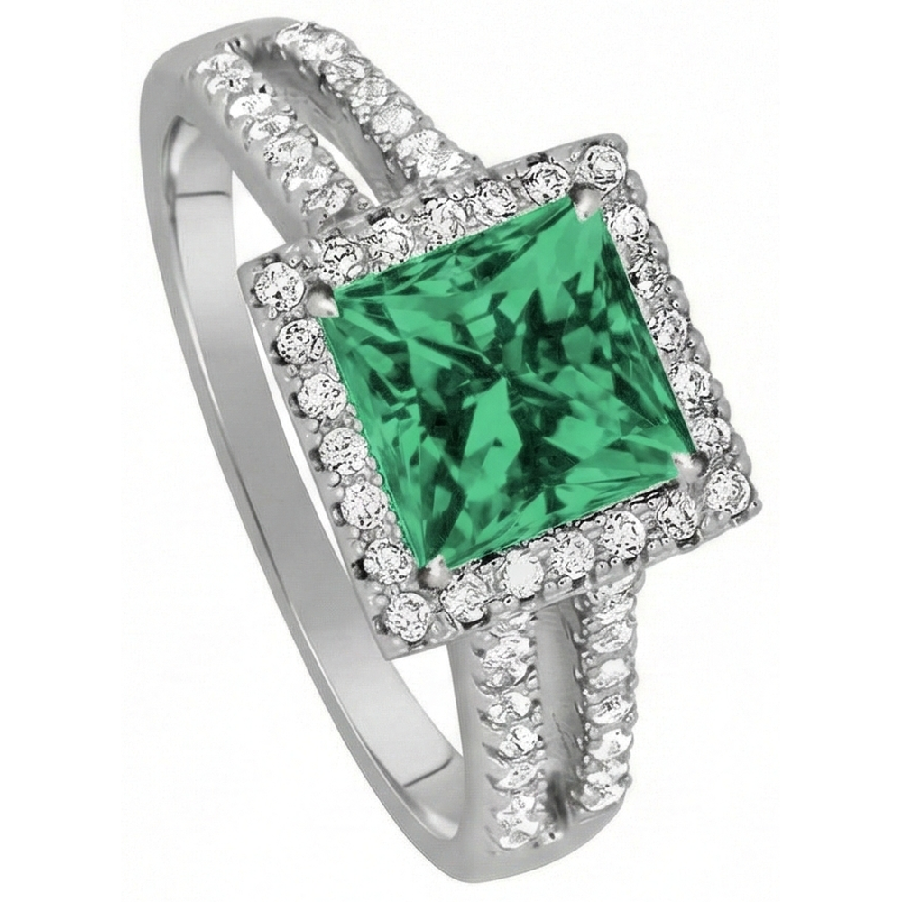 4.75 Ct. Princess Cut Green Emerald Natural Earth Mined Diamond ( Not Lab Grown )  Ring WG 14K Jewelry