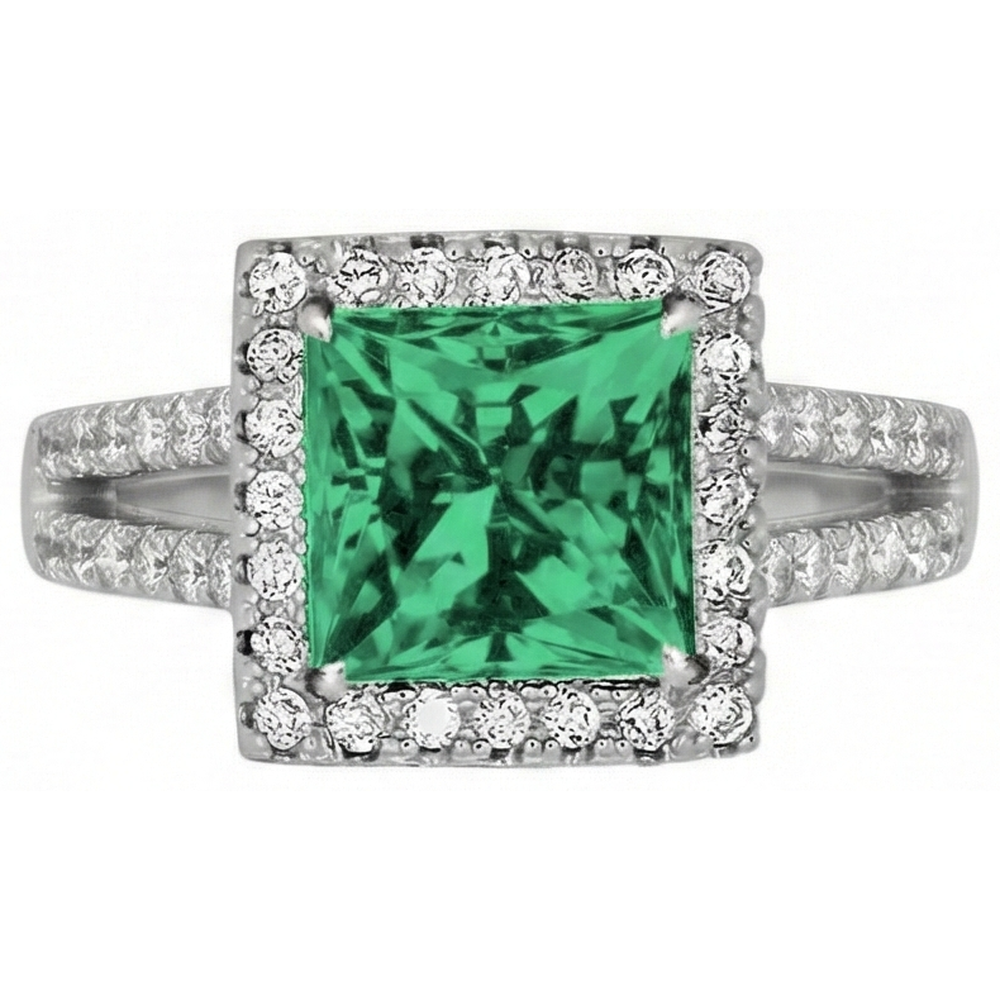 4.75 Ct. Princess Cut Green Emerald Natural Earth Mined Diamond ( Not Lab Grown )  Ring WG 14K Jewelry