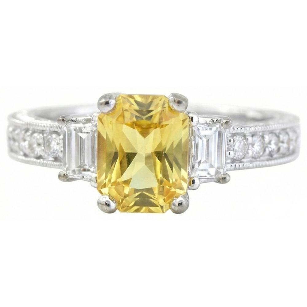 4.75 Ct Radiant Yellow Sapphire And Round Natural Earth Mined Diamond ( Not Lab Grown )s Ring White Gold