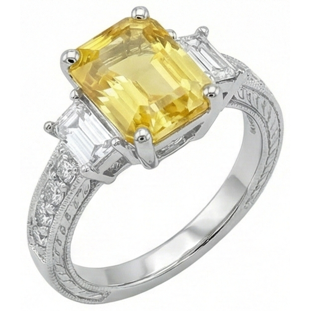 4.75 Ct Radiant Yellow Sapphire And Round Natural Earth Mined Diamond ( Not Lab Grown )s Ring White Gold