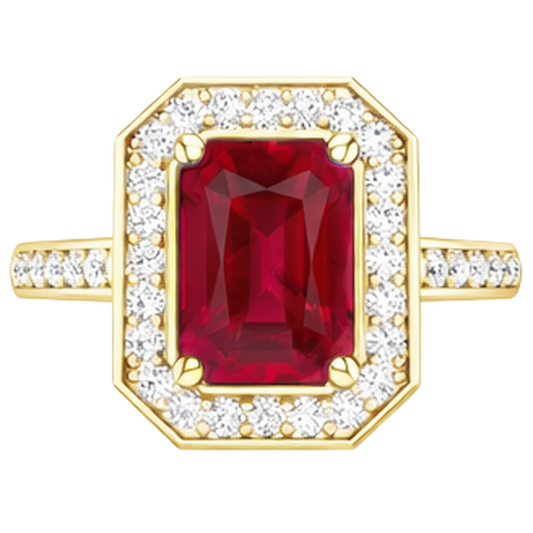 4.75 Ct Red Emerald Cut Ruby And Natural Earth Mined Diamond ( Not Lab Grown ) Wedding Ring Yellow Gold