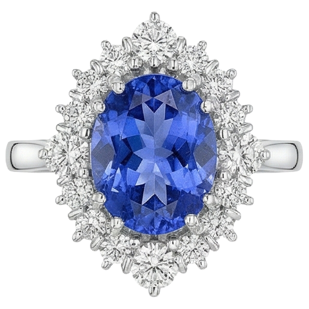 4.90 Ct Oval Tanzanite And Natural Earth Mined Diamond ( Not Lab Grown )s Ring 14K Gold White
