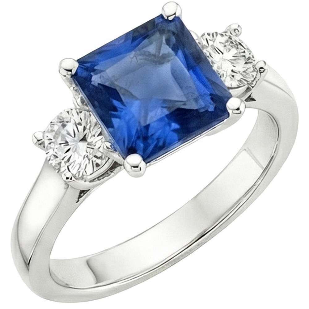 4 Carats Blue Ceylon Sapphire & Round Natural Earth Mined Diamond ( Not Lab Grown ) 3 Stone Ring Gold 14K
