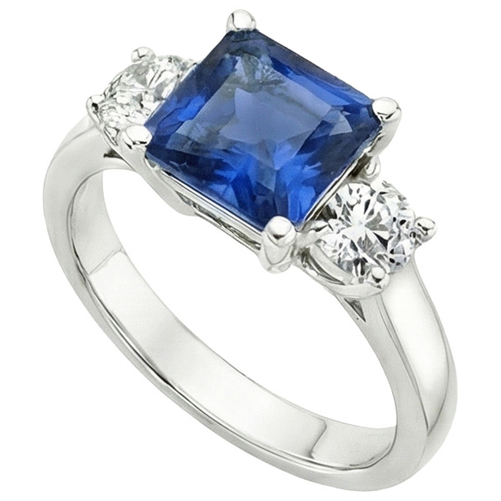 4 Carats Blue Ceylon Sapphire & Round Natural Earth Mined Diamond ( Not Lab Grown ) 3 Stone Ring Gold 14K