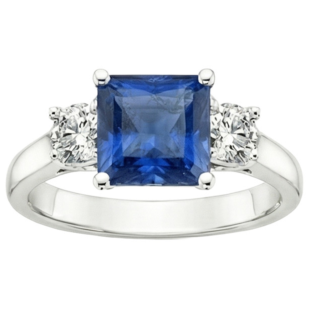 4 Carats Blue Ceylon Sapphire & Round Natural Earth Mined Diamond ( Not Lab Grown ) 3 Stone Ring Gold 14K