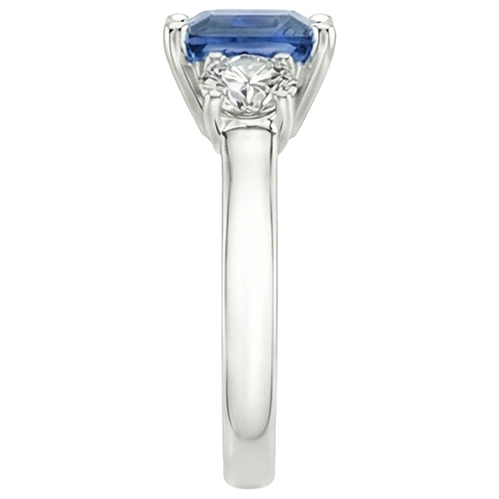 4 Carats Blue Ceylon Sapphire & Round Natural Earth Mined Diamond ( Not Lab Grown ) 3 Stone Ring Gold 14K
