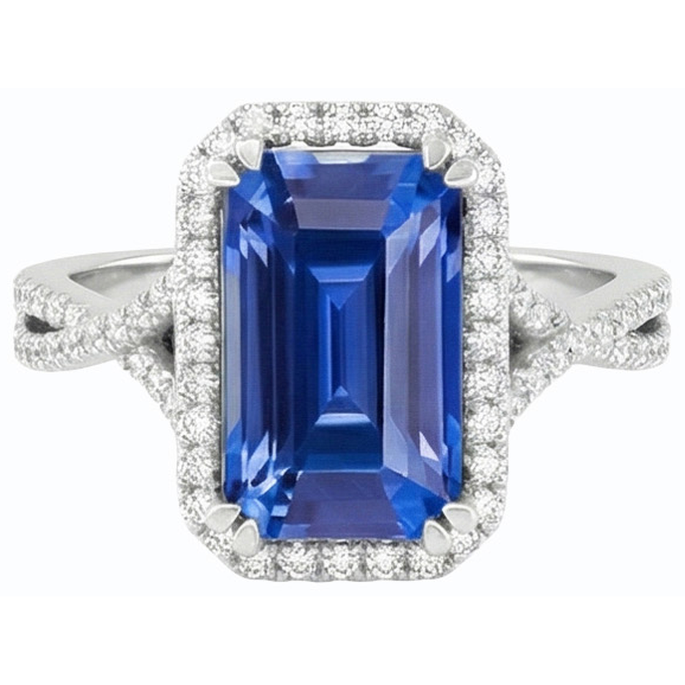 4 Carats Halo Emerald Sri Lankan Sapphire & Natural Earth Mined Diamond ( Not Lab Grown ) Ring Gold