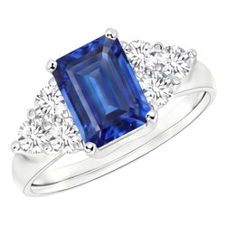 4 Ct Emerald Cut Ceylon Blue Sapphire And Round Natural Earth Mined Diamond ( Not Lab Grown )  Wedding Ring
