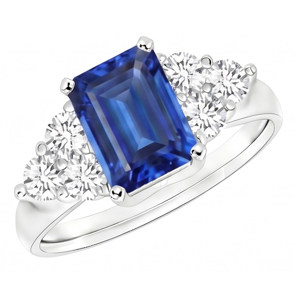 4 Ct Emerald Cut Ceylon Blue Sapphire And Round Natural Earth Mined Diamond ( Not Lab Grown )  Wedding Ring