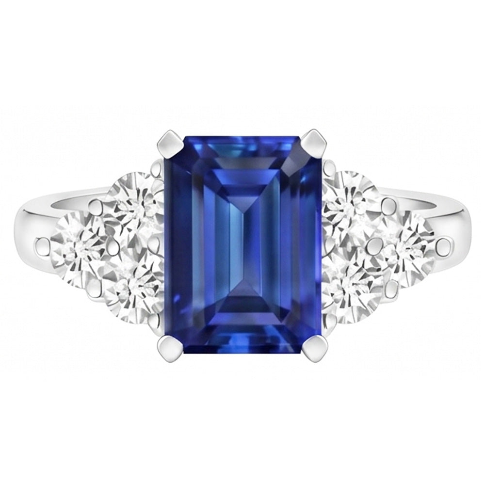 4 Ct Emerald Cut Ceylon Blue Sapphire And Round Natural Earth Mined Diamond ( Not Lab Grown )  Wedding Ring