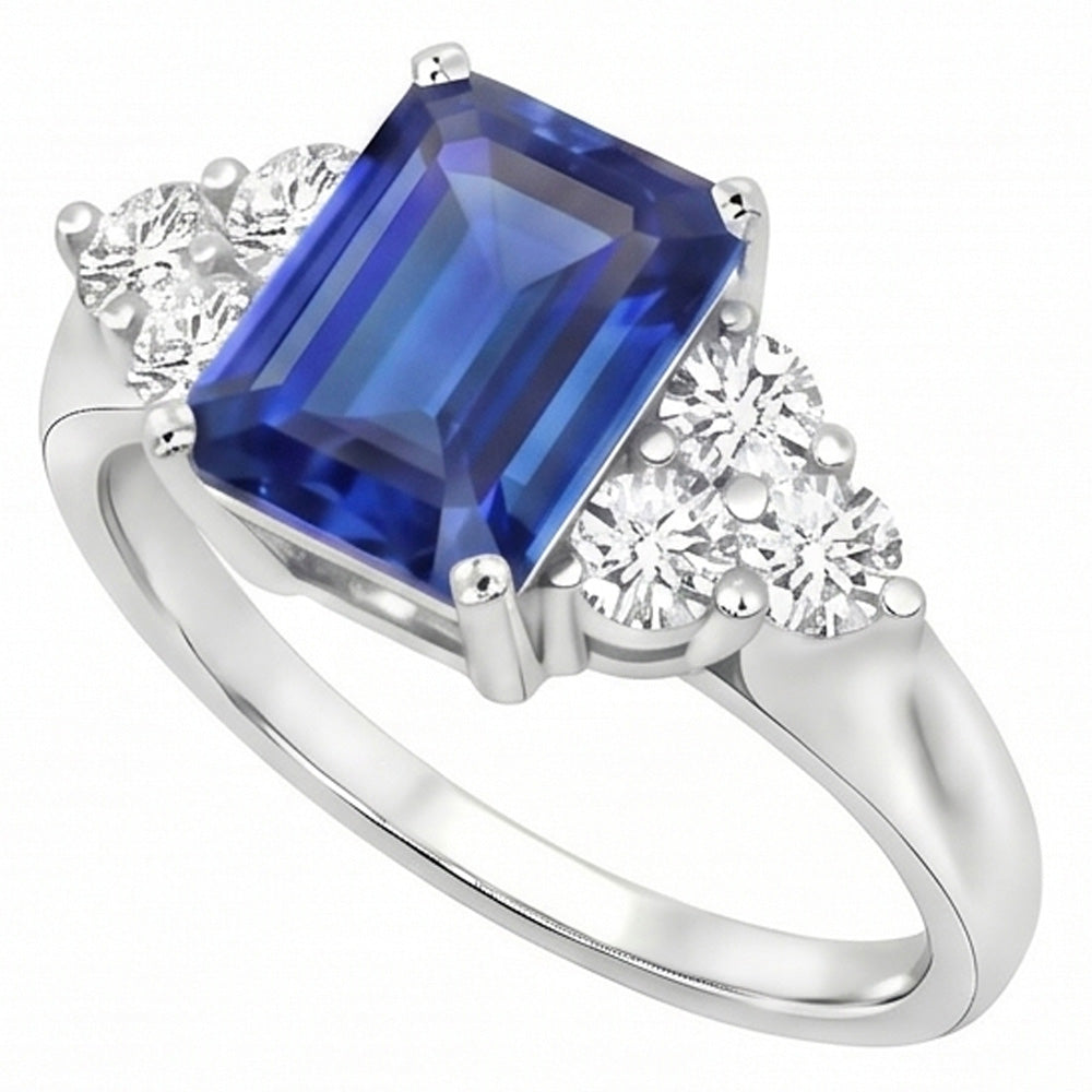 4 Ct Emerald Cut Ceylon Blue Sapphire And Round Natural Earth Mined Diamond ( Not Lab Grown )  Wedding Ring