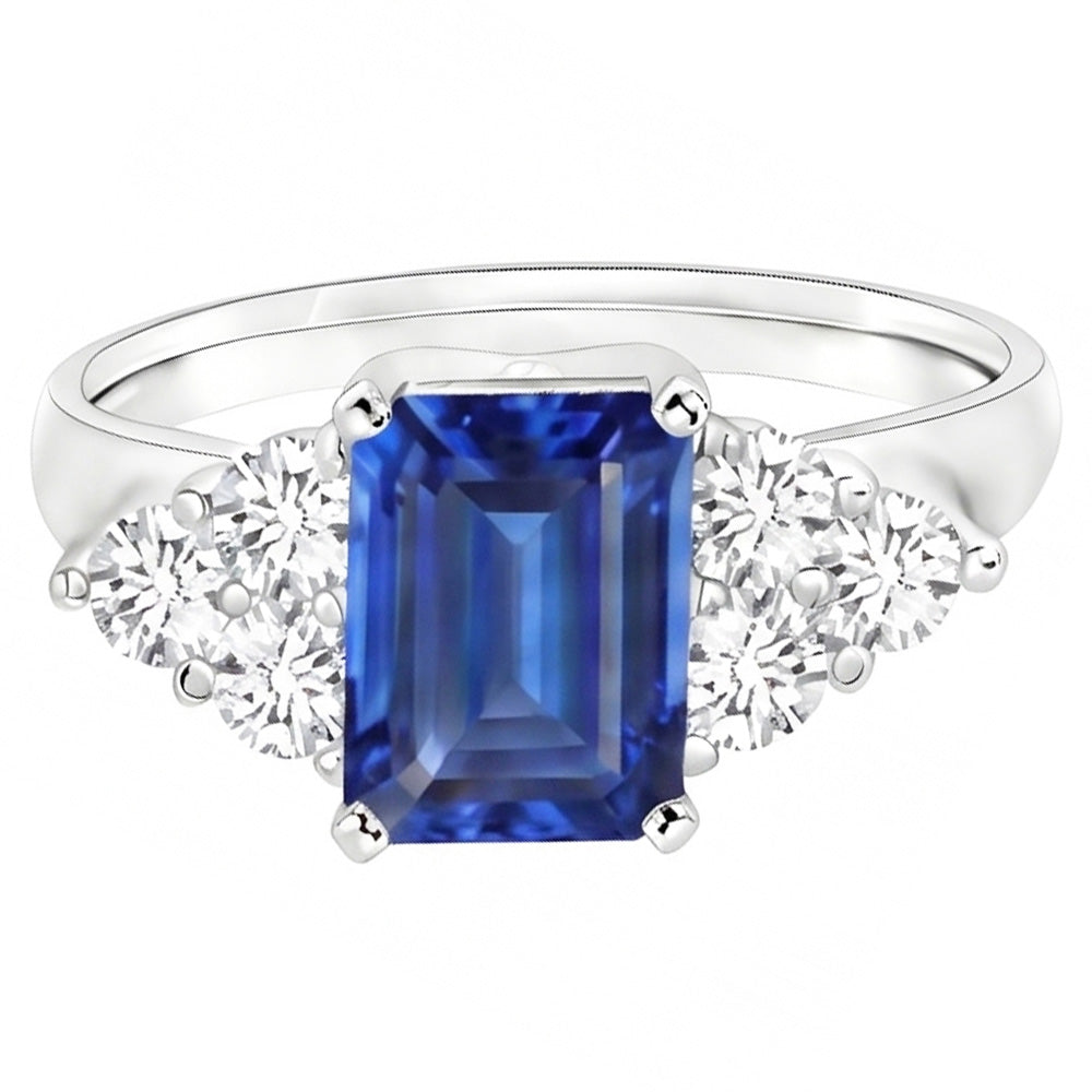4 Ct Emerald Cut Ceylon Blue Sapphire And Round Natural Earth Mined Diamond ( Not Lab Grown )  Wedding Ring