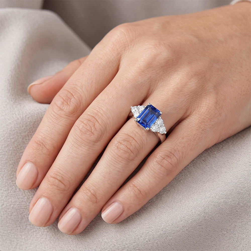 4 Ct Emerald Cut Ceylon Blue Sapphire And Round Natural Earth Mined Diamond ( Not Lab Grown )  Wedding Ring