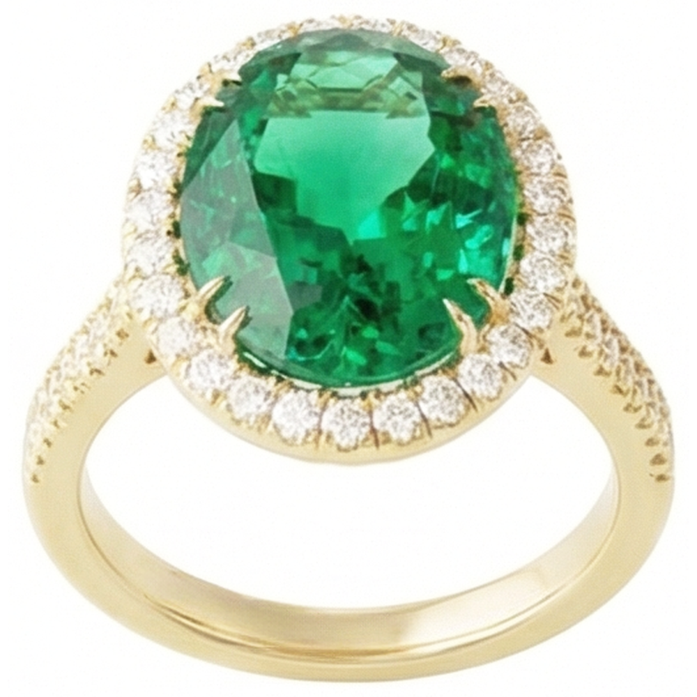 4 Ct Oval Cut Green Emerald With Halo Natural Earth Mined Diamond ( Not Lab Grown ) Ring 14K Yellow Gold