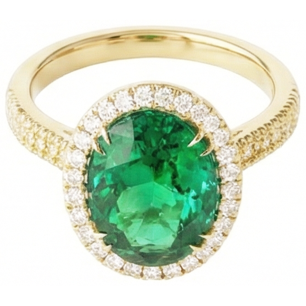 4 Ct Oval Cut Green Emerald With Halo Natural Earth Mined Diamond ( Not Lab Grown ) Ring 14K Yellow Gold