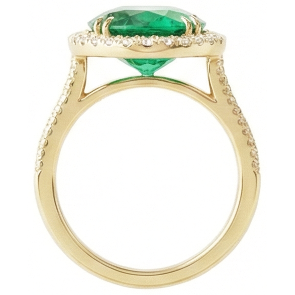 4 Ct Oval Cut Green Emerald With Halo Natural Earth Mined Diamond ( Not Lab Grown ) Ring 14K Yellow Gold