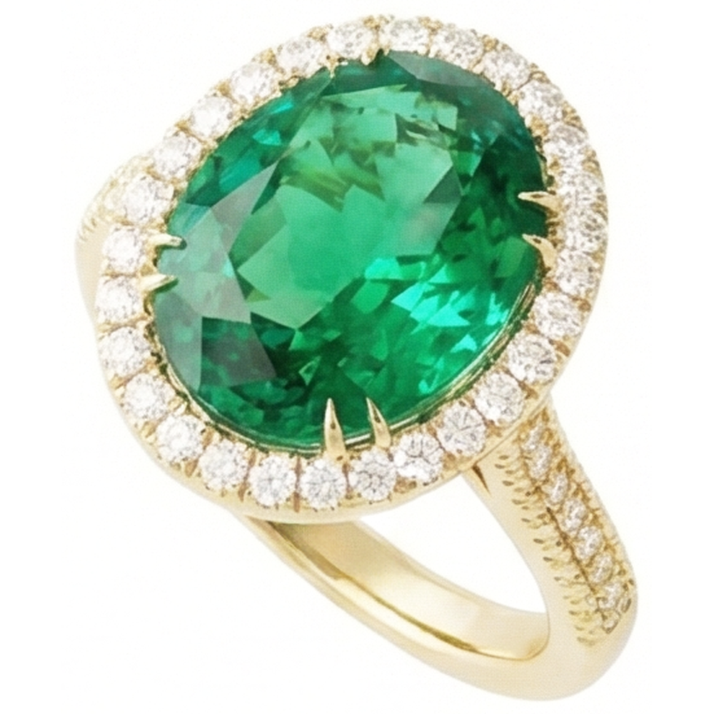 4 Ct Oval Cut Green Emerald With Halo Natural Earth Mined Diamond ( Not Lab Grown ) Ring 14K Yellow Gold