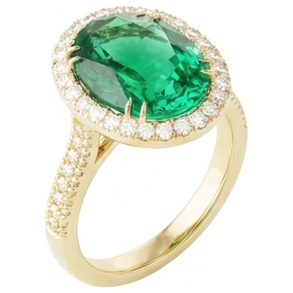 4 Ct Oval Cut Green Emerald With Halo Natural Earth Mined Diamond ( Not Lab Grown ) Ring 14K Yellow Gold